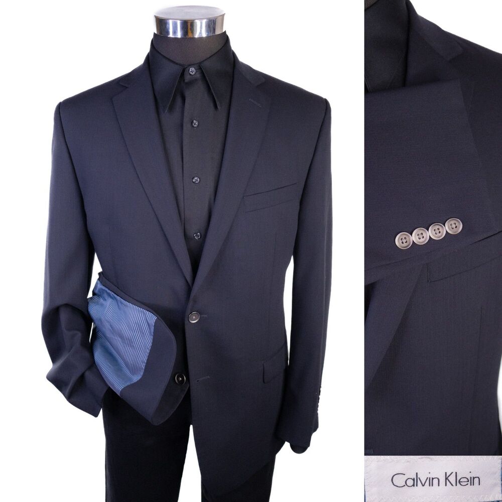 Calvin Klein Solid Blue Jacket Sport Coat Blazer Silver 2-Button Sz 40R Wool